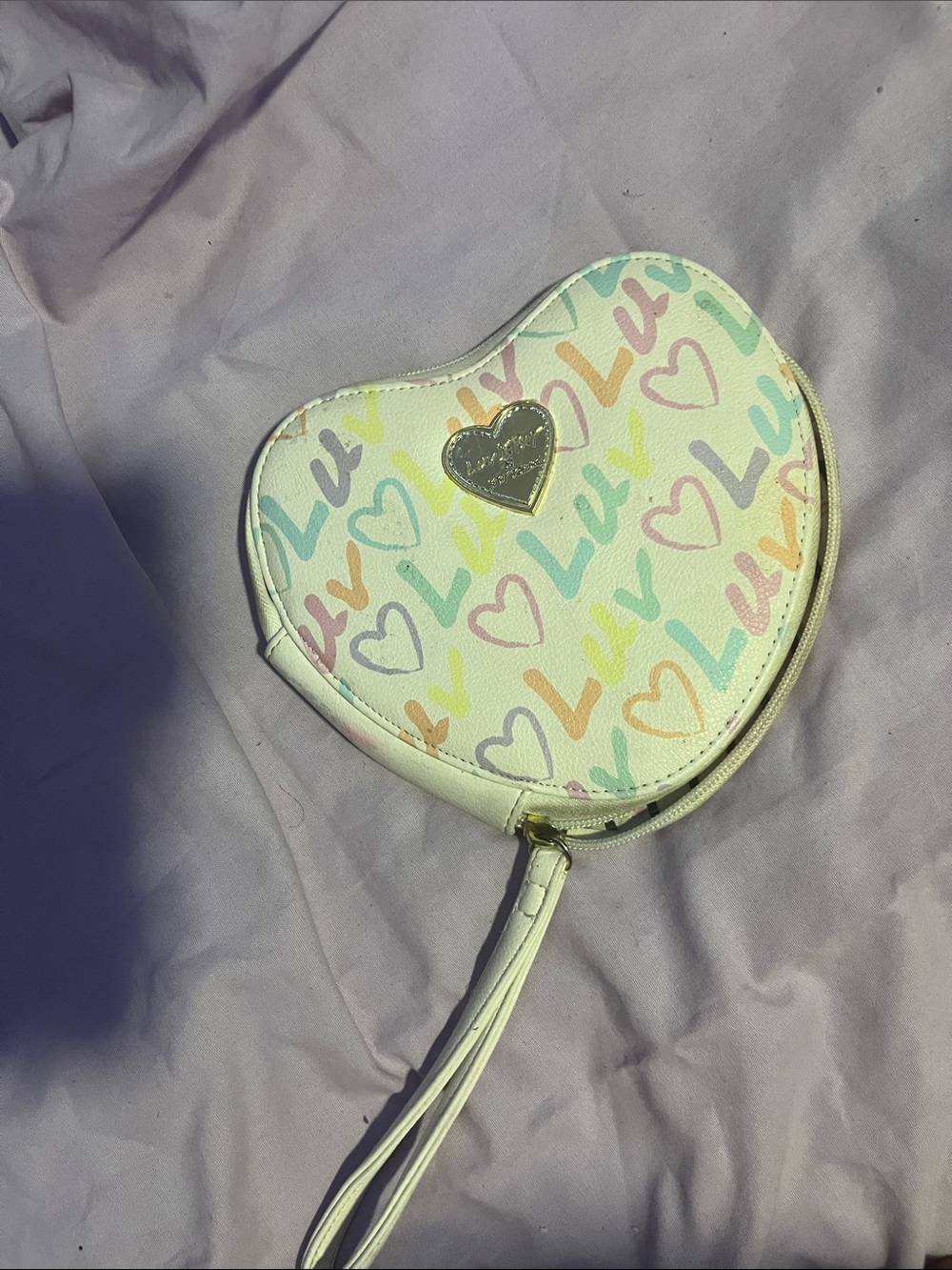 Betsey Johnson White Heart Wristlet with Pastel Multicolor Hearts